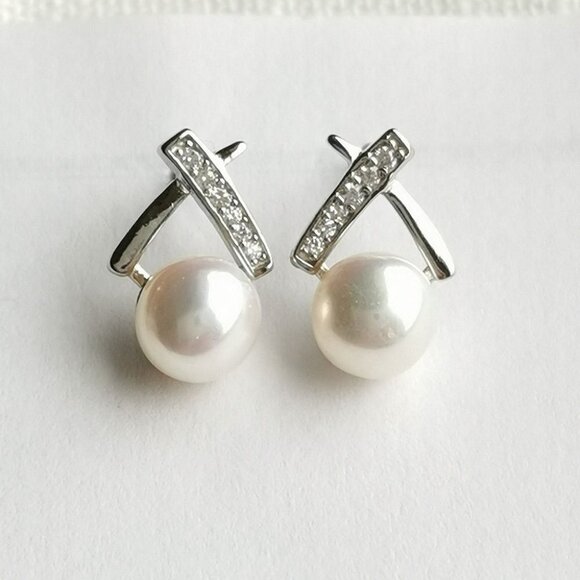 Cultured white freshwater pearl white topaz earrings 🆕 - Picture 6 of 6